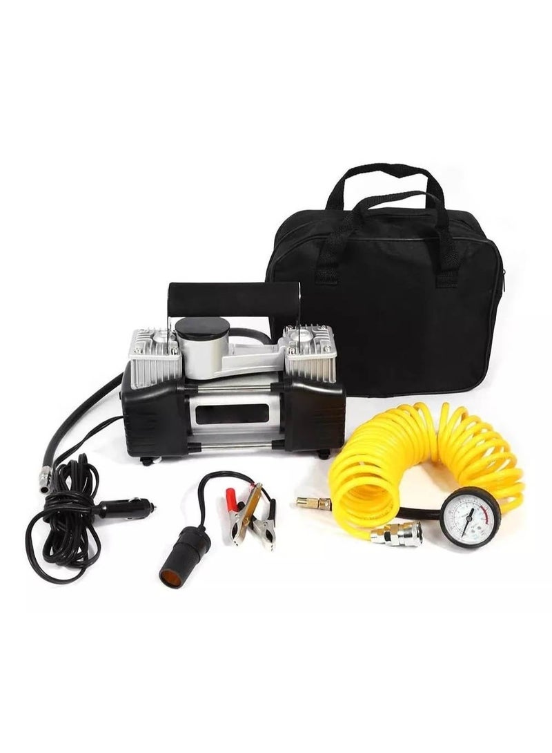 Double Cylinder Tyre Inflator Portable Air Compressor Extension Coil air Hose with Pressure Gauge - Image 5